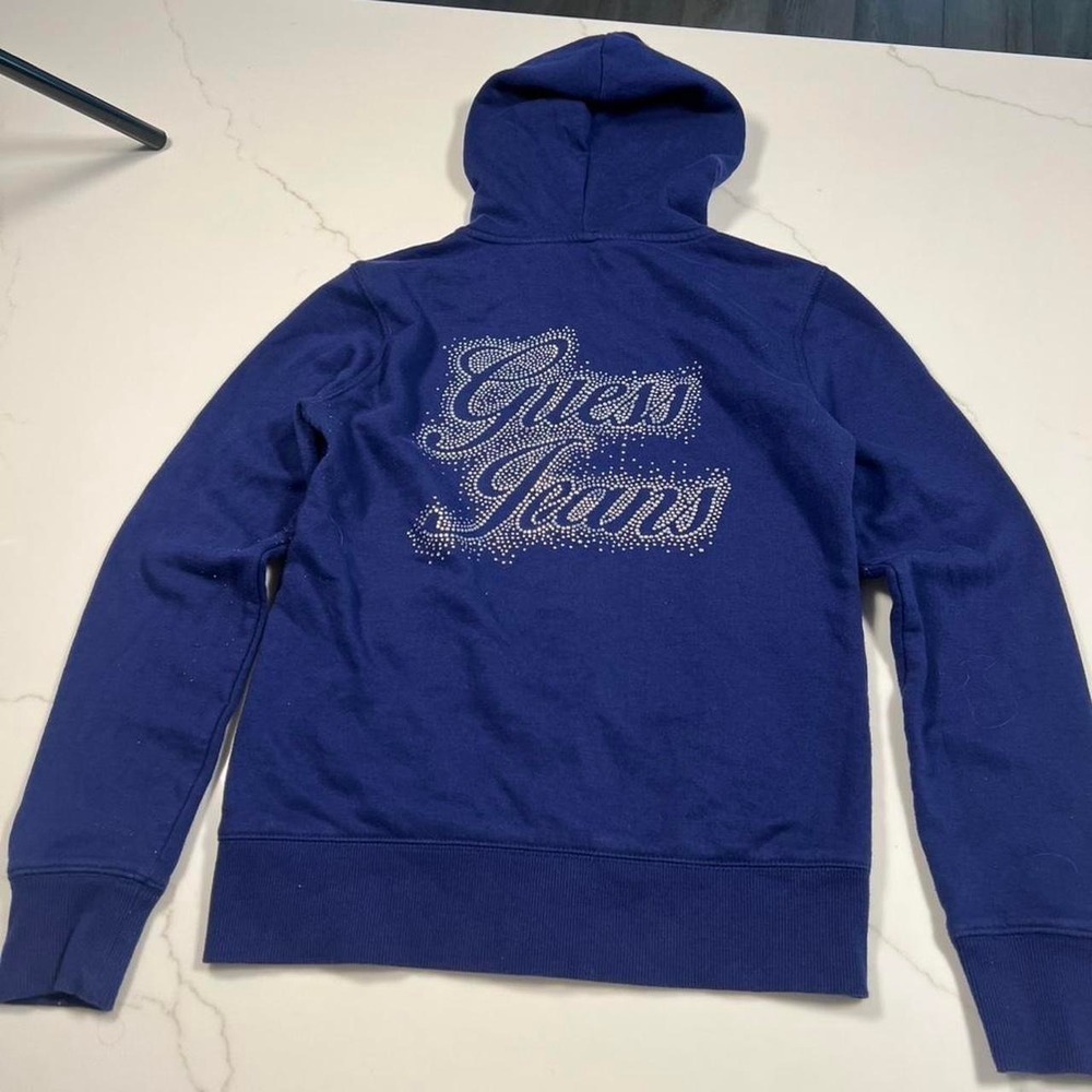 Guess Hoodie Women Navy Blue Rhinestone Logo Zip Up Sweatshirt Medium
